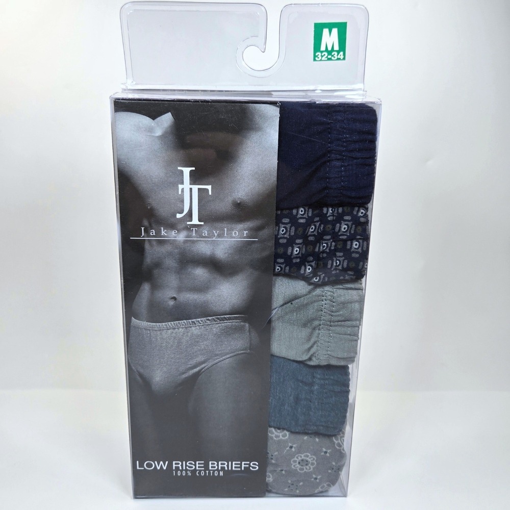 Vtg Jake Taylor Mens 5 Pack Low Rise Briefs 100% Cotton Blue Grey Prints M 32-34